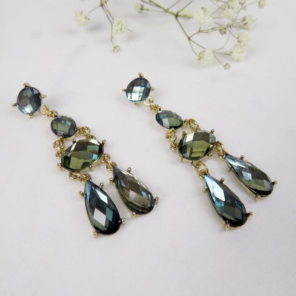 vintage green gold chandelier drop crystal statement earrings elegant